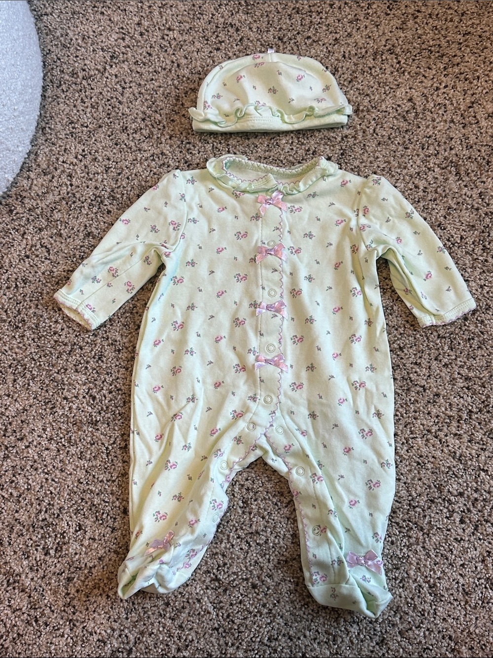 Little Me Baby Pale Green Floral Footed One-Piece with Hat